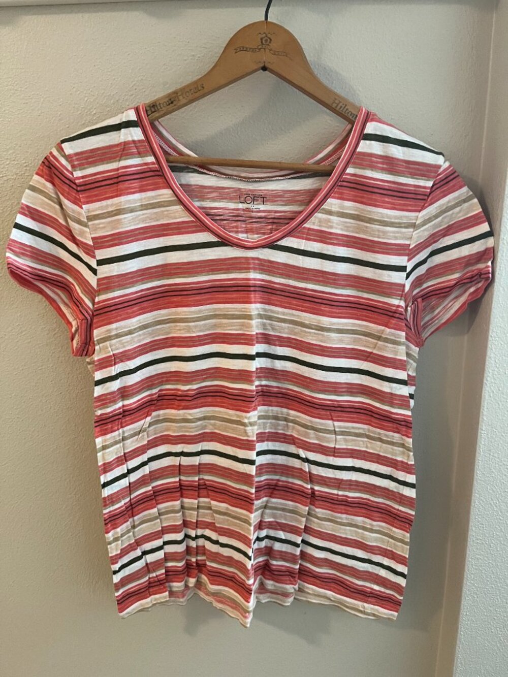 Ann Taylor Loft Short Sleeve Striped Scoop-Neck T-Shirt in Coral